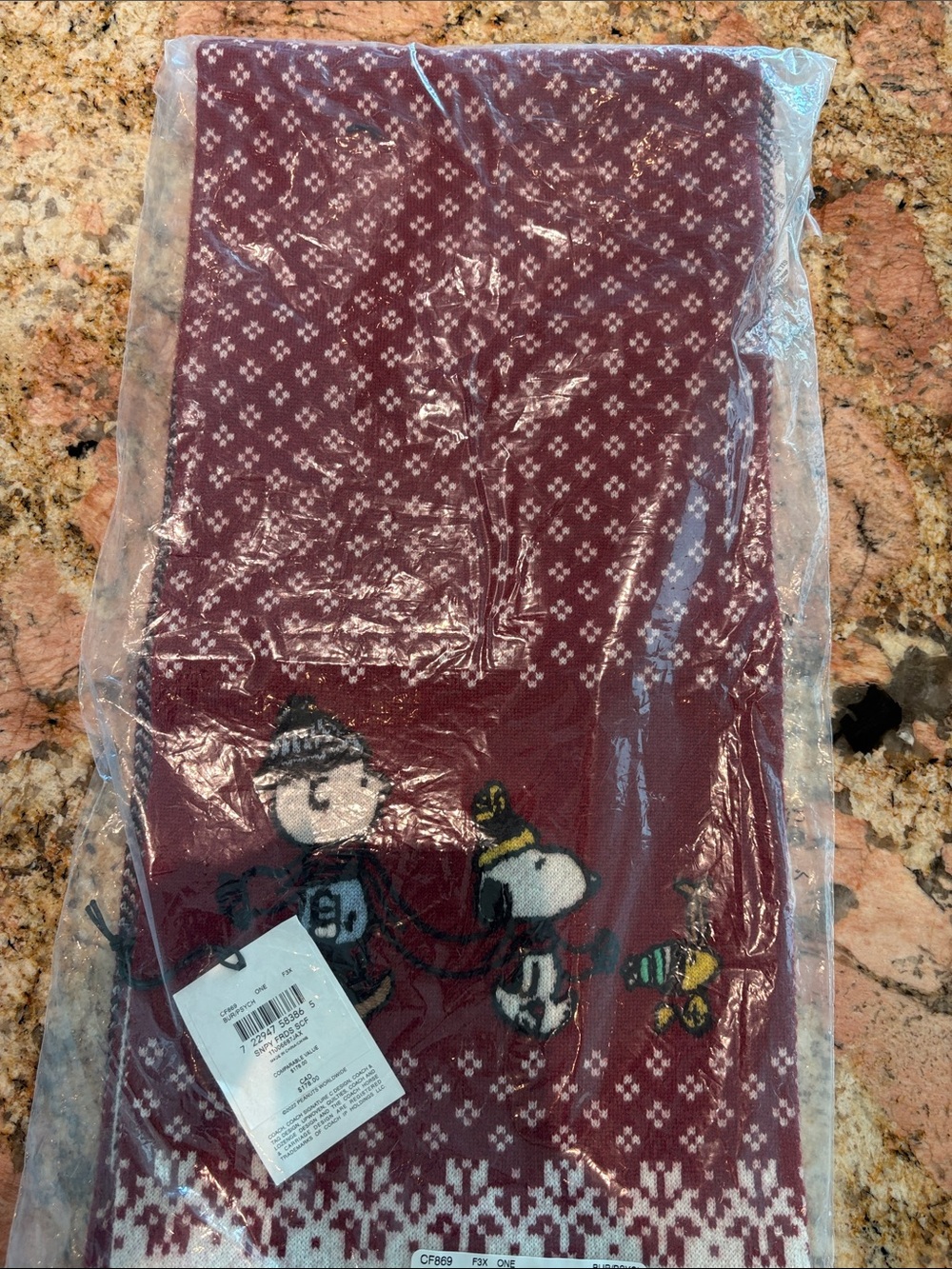 Coach Burgundy Knit Scarf with Peanuts Character Motif